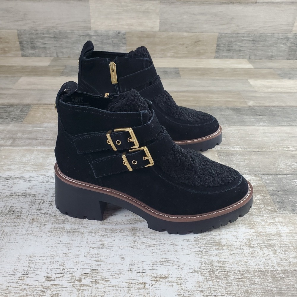 Vince Camuto Destonny Cozy Womens Booties Sz 7 M Black Suede Buckle Block Heel